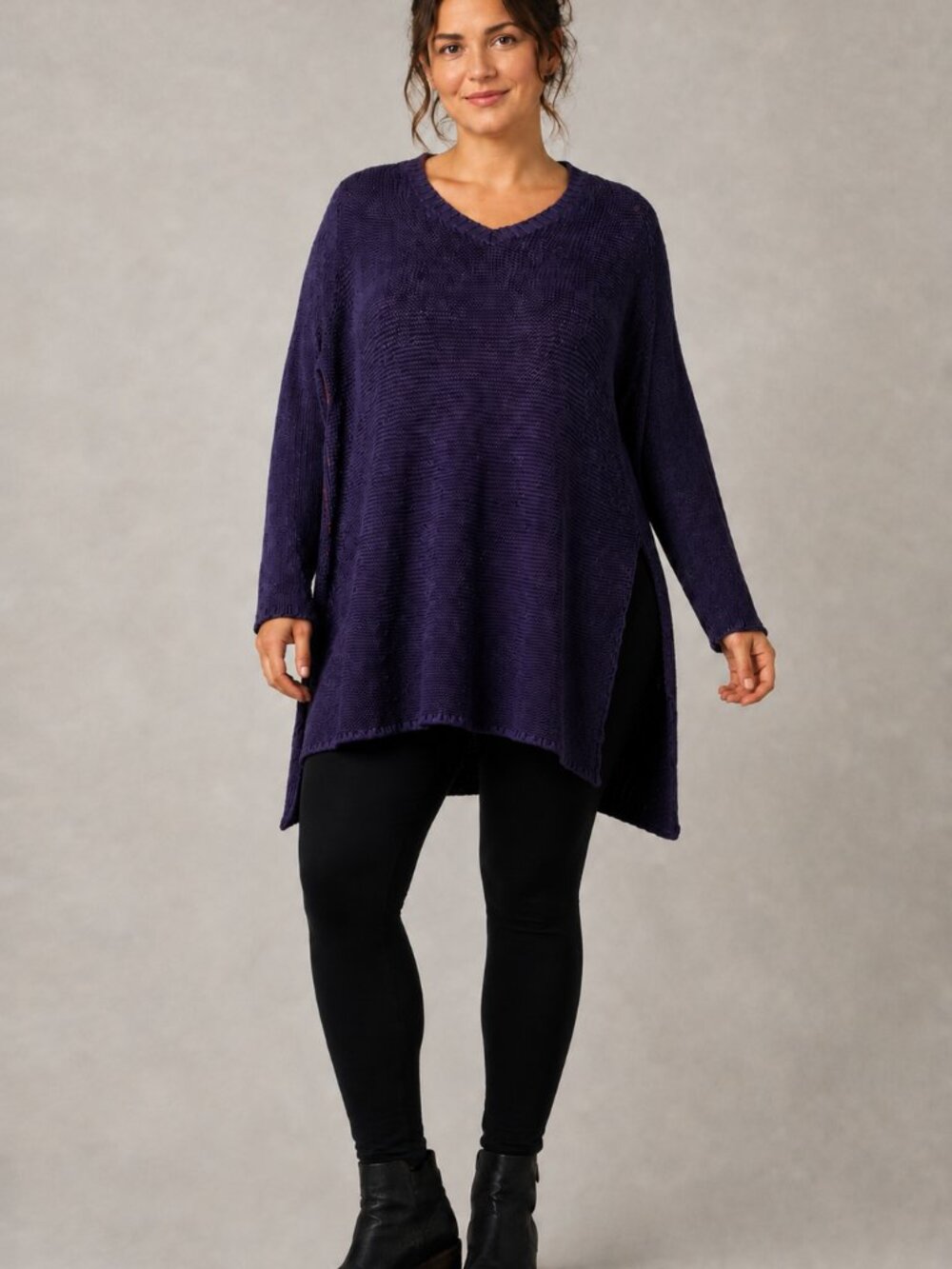 PrAna Deedra Tunic Sweater Oversized Purple Side Slit‎ Neutral Knit Boho Size L